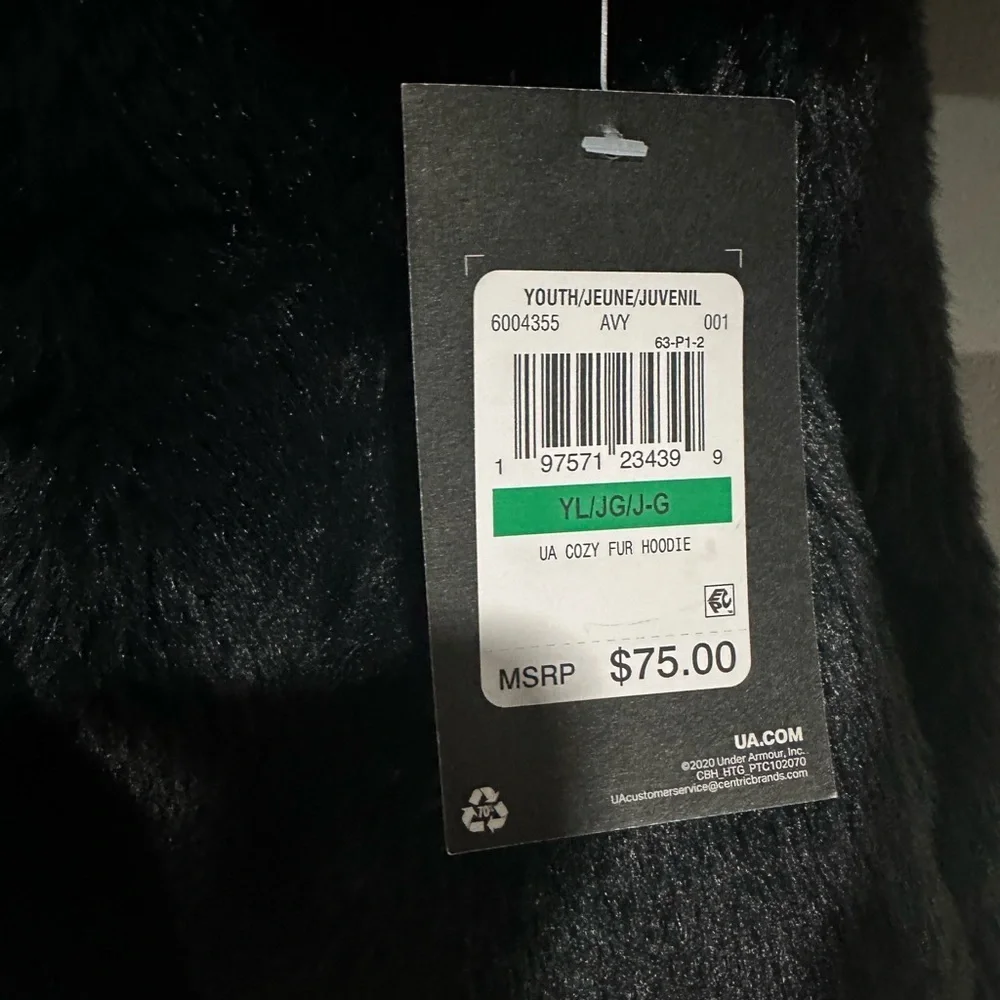 NWT Under Armour Cozy Faux Fur Hoodie Coat Jacket Black, Girls Size Youth Large